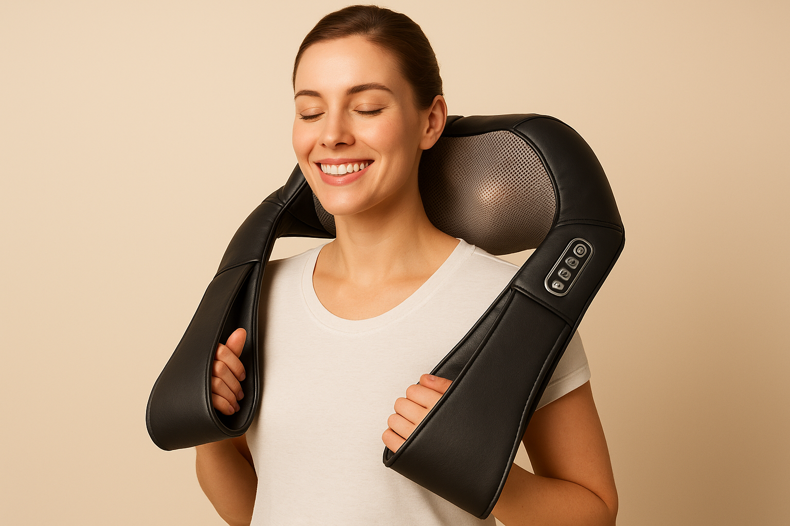 generate image with aspect ratio 3 : 2, where smiling woman holds Shiatsu Neck and Back Massager
